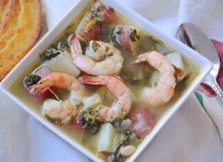 Shrimp, Red Potato And Turnip Green Soup
