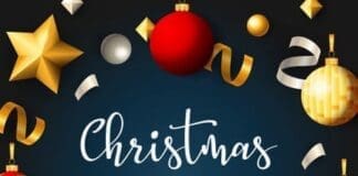 Christmas Party Banner With Balls Ribbons Blue Background 74855 1278