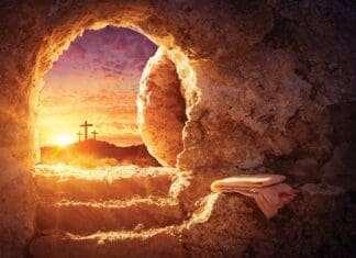 Empty Tomb With Crucifixion At Sunrise Resurrection Concept