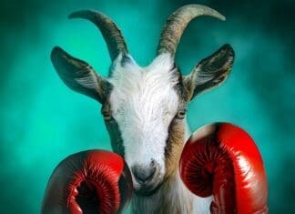 Goat With Boxing Gloves In A Dramatic Smoke Background