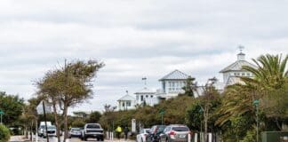 Houses Architecture Beach Ocean Cottages In Florida Panhandle On Cloudy Winter Day With Cars On Road Street Traffic