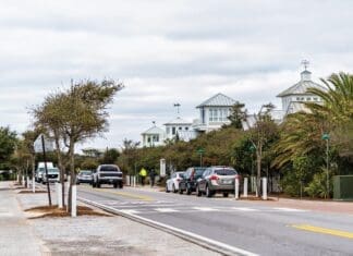 Houses Architecture Beach Ocean Cottages In Florida Panhandle On Cloudy Winter Day With Cars On Road Street Traffic