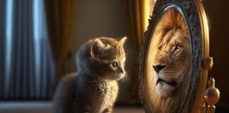 Kitten Looking At Round Mirror On Table, Male Lion Inside Mirror