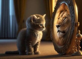 Kitten Looking At Round Mirror On Table, Male Lion Inside Mirror