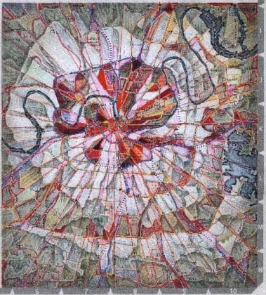 Tn.nvl, 2023, Acrylic, Pencil & Pen On Printed Paper Map, 8.25 X 7.25