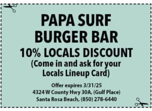 South Walton Life Coupons 2025 March Papa Surf Burger