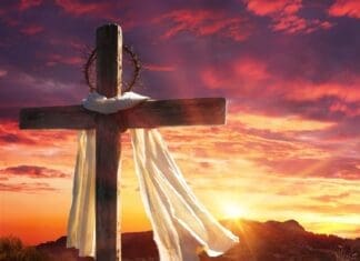 Cross With Robe And Crown Of Thorns On Hill At Sunset Calvary And Resurrection Concept