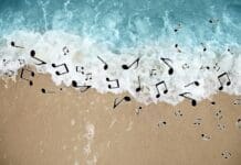 Natural Harmony: Music and the Beach Sounds,of,nature.,musical,notes,scattered,above,rolling,ocean,waves
