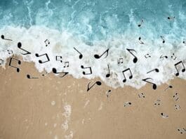 Sounds,of,nature.,musical,notes,scattered,above,rolling,ocean,waves