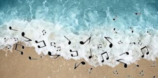 Sounds,of,nature.,musical,notes,scattered,above,rolling,ocean,waves
